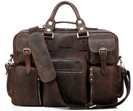 Vicenzo Black Fine Grain Heavy Duty Leather Men's Briefcase Messenger Laptop Bag