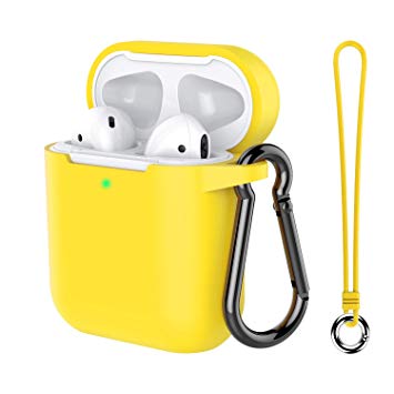 Airpods Case, Music tracker Protective Thicken Airpods Cover Soft Silicone Chargeable Headphone Case with Anti-Lost Carabiner for Apple Airpods 1&2 Charging Case (Yellow)