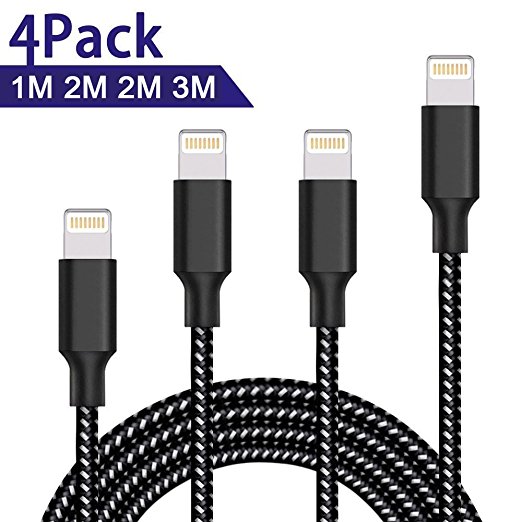 Lightning Cable,ONSON® 4Pack 1M 2M 2M 3M Extra Long Nylon Braided Apple iPhone Charger Cable Charging Lead Cord USB Wire for Apple iPhone X / 8 / 8 Plus / 7 / 7 Plus / 6S / 6S Plus / 5 / 5S / 5C / SE, iPad Pro / Air / Mini, iPod Touch 5/6 (Black White)