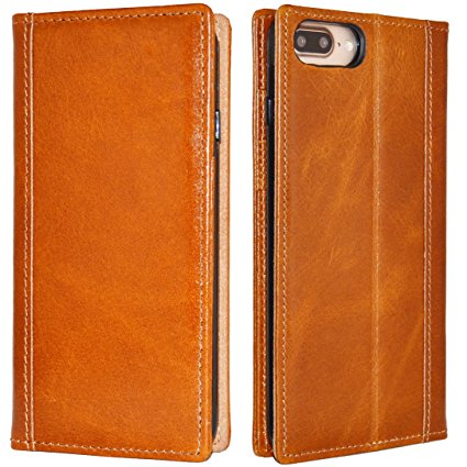 iPhone 7 Plus Case -- iPulse Genuine Italian Full Grain Leather Handmade Flip Wallet Case For iPhone 7 Plus (5.5 inches) - [Vintage Book Style ] [Built-in Stand] [Card Slots Holder] - Cognac