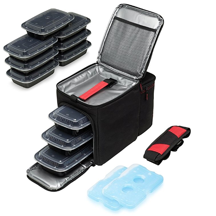 MealKeeperPro Meal Prep Bag Set with 10 Food Containers, 2 Ice Packs, Shoulder Strap