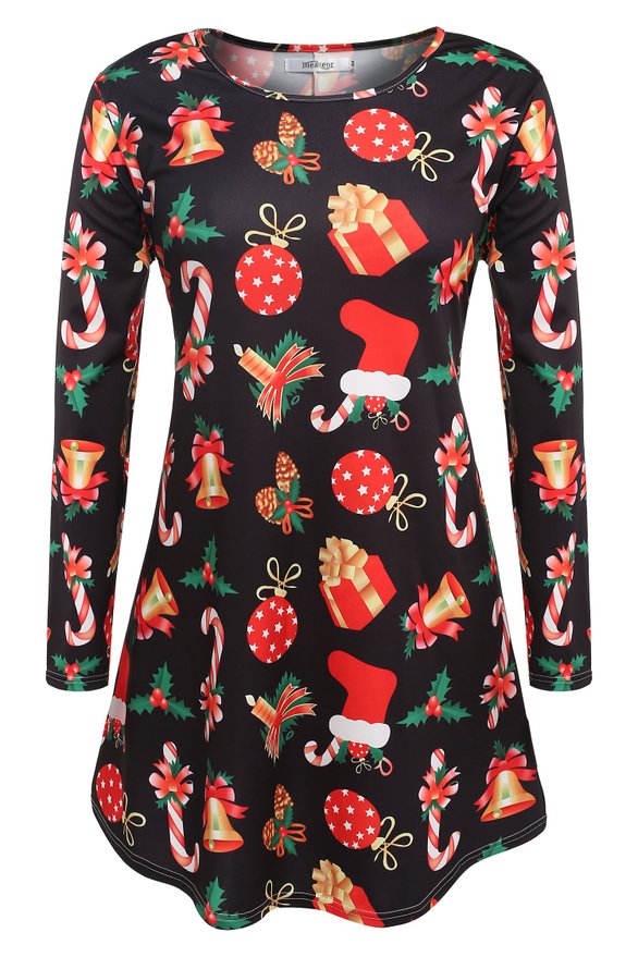 Meaneor Long Sleeves PlusSanta Christmas Xmas Gifts Print Flared Swing Dress Top