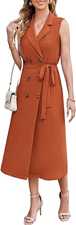 GRACE KARIN Womens Business Casual Midi Dress 2024 Summer Button Down Shirt Dress Sleeveless Lapel V Neck with Pockets