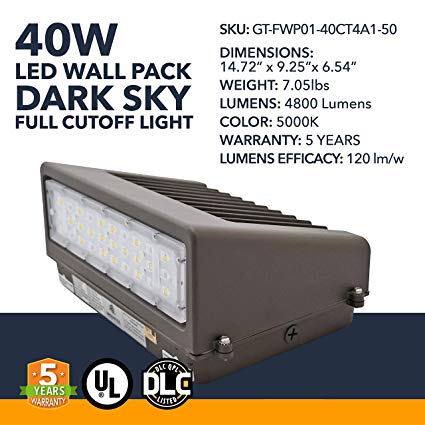 40W LED DLC Wall Pack - 4800 Lumens, LED Powered Outdoor Security Full Cutoff Wall Pack Fixtures - High Luminosity Commercial or Industrial Outdoor Area Security Lighting - 5000K - 5 Year Warranty