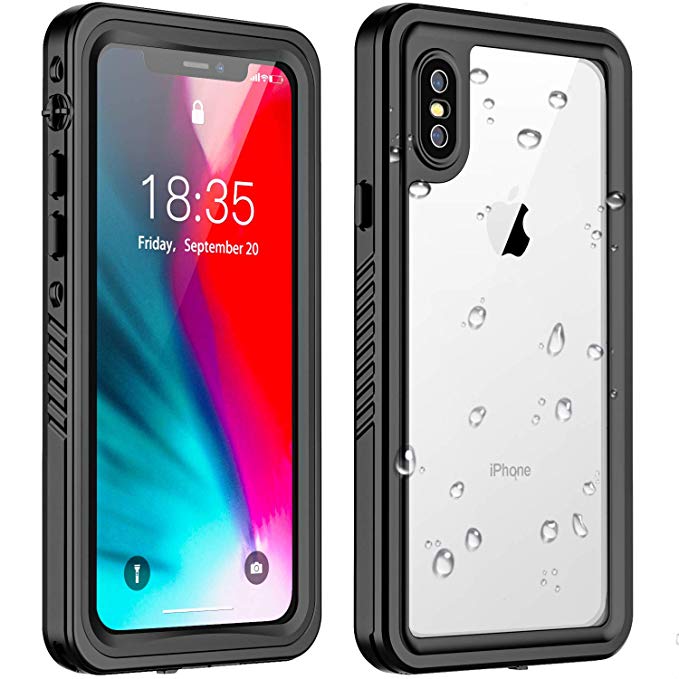 Eonfine iPhone Xs Max Waterproof Case, Rugged Heavy Duty Full Body Shockproof Clear Case Built in Screen Protector IP68 Waterproof Cover Skin for iPhone Xs Max(Black/Clear)