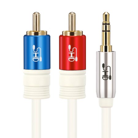 Super HD 35mm Aux to 2RCA Y Splitter Stereo Audio Cable Male Type OFC Conductor High Flexible PVC Jacket Dual Shielding Gold Plated High End Metal Shell-White 3Feet1m