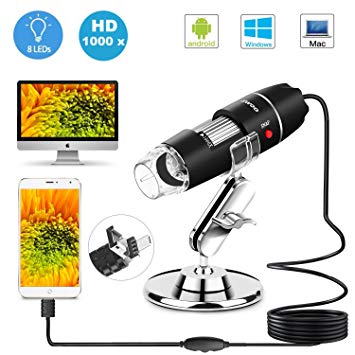 USB Microscope 8 LED USB 2.0 Digital Microscope, 40 to 1000x Magnification Endoscope Mini Camera with OTG Adapter and Metal Stand, Compatible with Mac Window 7 8 10 Android Linux by Sunnywoo (Black 1)