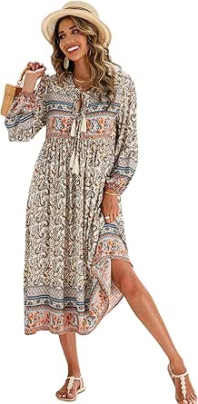 R.Vivimos Women's Long Sleeve Floral Print Retro V Neck Tassel Bohemian Midi Dresses