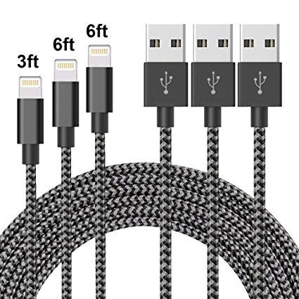 JJCall Lightning cable [3-Pack 2M 2M 1M]Nylon Braided USB Charging Cable, iphone cable/cord with Lightning Connector for iPhone 7/7plus, iPhone 6s/6/6plus,iPhone SE/5s/5c/5, iPad mini, iPad Air, iPad Pro, iPod touch 6th Gen / nano 7th Gen (3 packs--2M2M1M, Grey and Black)