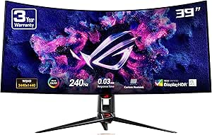 ASUS ROG Swift 39” Ultrawide 800R Curved OLED Gaming Monitor (PG39WCDM) - 21:9 (3440x1440), 240Hz, 0.03ms, G-SYNC Compatible, Custom Heatsink, Smart KVM, 90W USB-C, DisplayWidget, 3 yr warranty