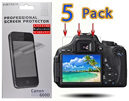 (5 Pack) Canon EOS 600D Rebel T3i Kiss X5 Digital Camera HD High Defination Crystal Clear LCD Screen Protector Kit Exact Fit, No Cutting Needed. LifeTime Replacement Warranty (Fortress Brand)
