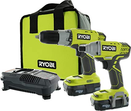 Ryobi P1832 18V One  Handheld Drill/Driver and Impact Driver Kit (6 Piece Bundle, 1x P277 Drill / Driver, 1x P235 Impact Driver, 1x P118 Dual Chemistry Charger, 2x P102 18V One  Lithium Ion Batteries, 1x Tool Bag)