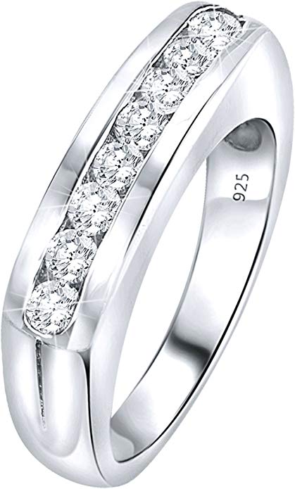 Women's Sterling Silver .925 Designer Ring Wedding Band Featuring Round Channel-Set Cubic Zirconia (CZ) Stones, Platinum Plated Jewelry