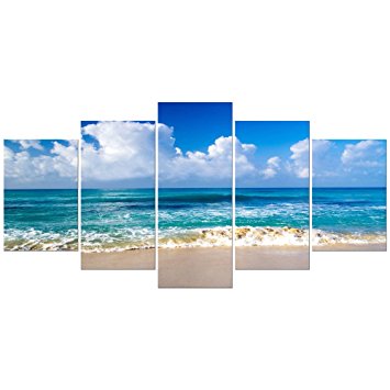 Pyradecor Seaside Extra Large Modern Stretched and Framed Seascape 5 Piece Giclee Canvas Prints Artwork Landscape Ocean Sea Beach Pictures Paintings on Canvas Wall Art for Home Decorations XL