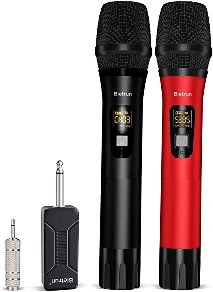 Wireless Microphone, Bietrun UHF Metal Dual Handheld Cordless Dynamic Mic System with Rechargeable Receiver, 1/4‘’Output, for Karaoke, Church, Speech, Wedding, Party Singing(160 ft Range)-Auto Connect