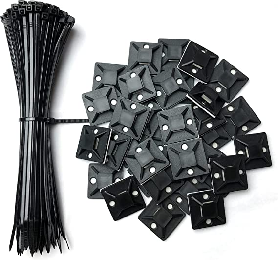 Oksdown 100 Pack Black Plastic Nylon Cable Ties with 60 Pieces Strong 25x25mm/1inch Self Adhesive Wire Tidy Clips Mount Base Holders Small Zip Tie 150×2.5mm(6×0.1inch) for Cable Management
