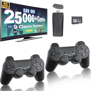 Wireless Retro Game Console, Nostalgia Stick Game, 25,000  Games & 9 Emulators Built in, Plug and Play Video Games for Tv 4K HDMI, 2.4g Wireless Controllers (64G)