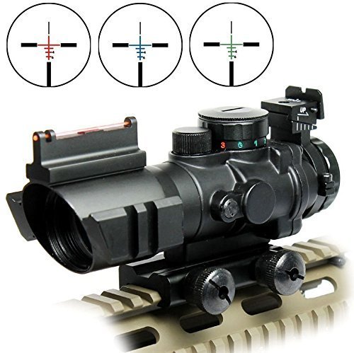UUQ® Prism 4x32 Red/Green/Blue Triple Illuminated Rapid Range Reticle Rifle Scope with Top Fiber Optic Sight and Weaver Slots