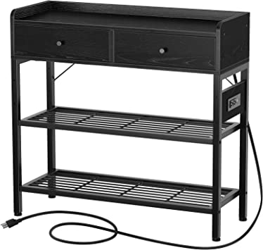 Rolanstar Entryway Table with Drawers,31.5” Entry Hallway Table with Charging Station Metal Storage Shelves,3-Tier Console Sofa Table Entry Stand with LED Lights for Couch, Entrance, Living Room