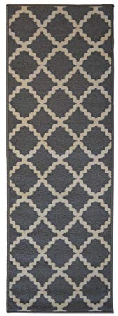ADGO Collection Contemporary Moroccan Mediterranean Trellis Lattice Design Rubber-Backed Non-Slip Non-Skid Area Rugs, Grey White, 20" x 59"