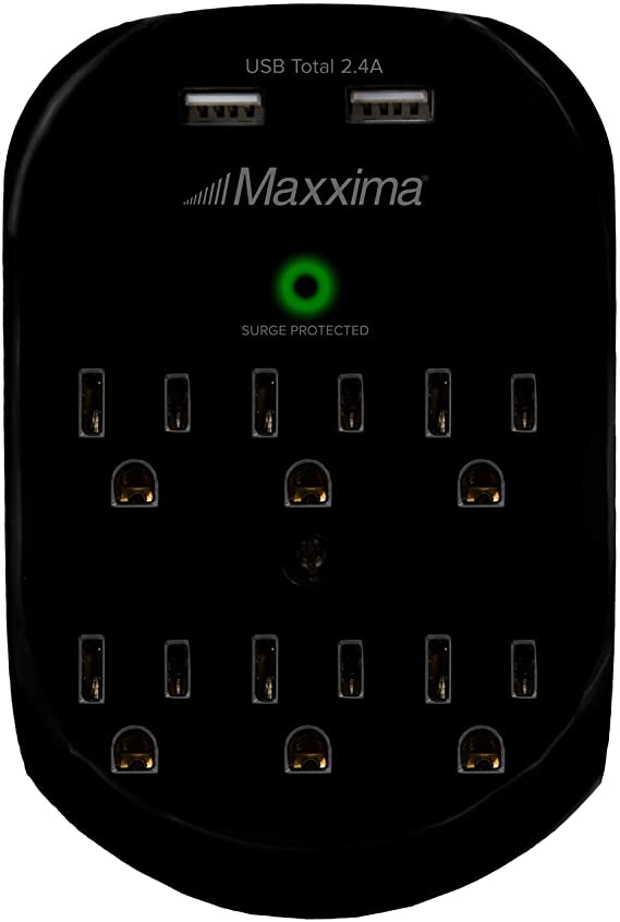 Maxxima 6 Outlet Dual USB Adaptor Plug Grounded 2.4A Port 490 Joules Surge Protector, USB Charger, Black