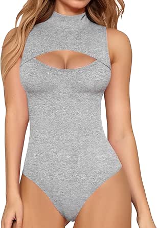 MANGOPOP Cutout Bodysuits for Women Mock Neck Body Suit Sleeveless Tank Top for Going Out