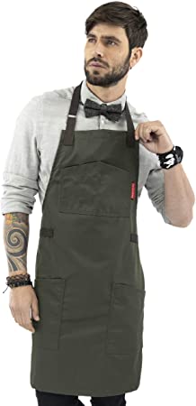 Under NY Sky Chef Apron – Professional Green Twill – Cotton Straps - Smart Pockets - Adjustable for Men and Women – Pro Chef, Cook, Kitchen, Baker, Barista, Bartender, Server Aprons