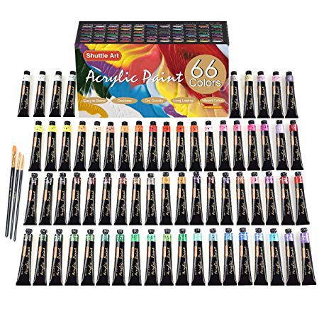 Acrylic Paint Set,Shuttle Art 66 Colors 22ml/Tube with 3 Brushes,Professional Quality,Rich Pigments,Non-Toxic for The Artists, Beginners and Kids on Canvas Wood Clay Fabric Ceramic Crafts