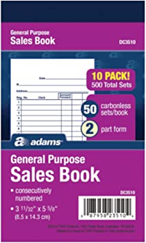 Adams General Purpose Sales Book, 2-Part, Carbonless, White/Canary, 3-11/32 x 5-5/8 Inches, 50 Sets/Book, 10 Books (DC3510)