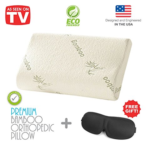 Premium Bamboo Orthopedic Pillow - Memory Foam Contour Pillow For Side Sleepers, Neck Support and Pain Relief, Cervical Traction Pillow - Removable Zipper Cover Hypoallergenic Included 3D Sleep Mask