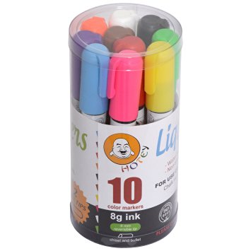 Hotey Liquid Chalk Markers - 10 Color Pens - 6mm Reversible Tip (Chisel/Bullet) - 8g Erasable Ink - 2 Free Extra Replacement Tips - For Chalkboards and Other Nonporous Surfaces - Usable Cylinder Pack