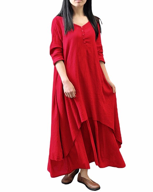 ZANZEA Ladies V-Neck Button Cotton Line Loose Long Maxi A-Line Irregular Hem Dress