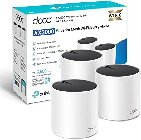 TP-Link Deco X55 AX3000 Whole Mesh Wi-Fi System, AI-Driven Mesh, HE160, Dual-Band with Gigabit Ports, Coverage up to 6,500 ft2, Connect up to 150 devices, Work with Amazon Alexa, HomeShield, Pack of 3