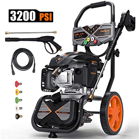 TACKLIFE 3200PSI Gas Pressure Washer, 2.4GPM 6.5HP Power Washer with 5 Quick-Connect nozzles,4-Stroke OHV Engine,Includes 25ft Hose& Detergent Tank-GSH01B