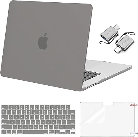 MOSISO Compatible with MacBook Air 15 inch Case 2023 Release A2941 M2 Chip Liquid Retina Display Touch ID, Plastic Hard Case&Keyboard Skin&Screen Protector&Type C Adapter 2 Pack, Gray