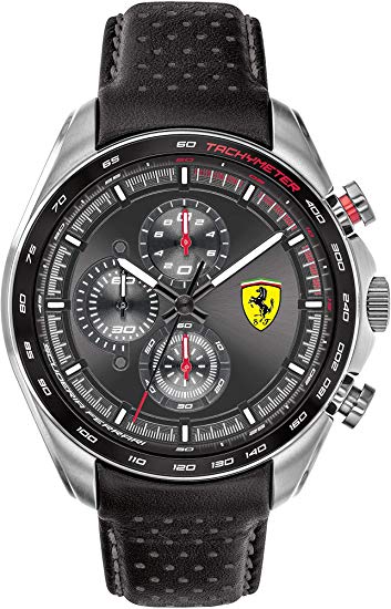 Ferrari Men's SPEEDRACER Stainless Steel Quartz Watch with Leather Calfskin Strap, Black, 21 (Model: 0830648)