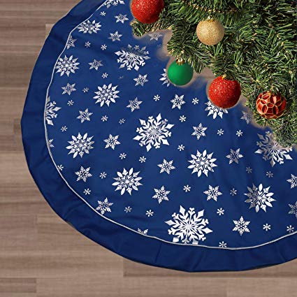FLASH WORLD Christmas Tree Skirt,48 inches Large Xmas Tree Skirts with Snowy Pattern for Christmas Tree Decorations (Blue—Three Cotton Layer)