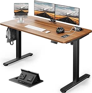 ErGear Electric Standing Desk Adjustable Height, 55 x 24 Inches Desktop with Hidden AC&DC Power Outlet, Socket Tray, Anti-Collision, Ergonomics, Home Office, Game, Walnut