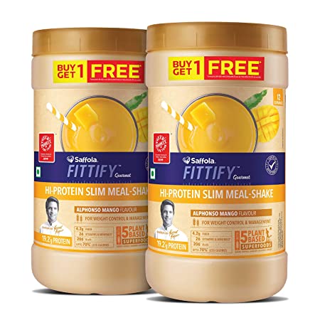 Saffola FITTIFY Gourmet Hi-Protein Slim Meal Shake - Alphonso Mango, 420 gm (Buy 1 Get 1 Free)
