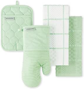 KITCHENAID Quilted Cotton Terry Cloth Oven Mitt, Pot Holder, Kitchen Towel 4-Pack Set, Heat Resistant, Silicone Grip, Gift Set, Pistachio, 16"x26", 7"x13" & 7"x10"