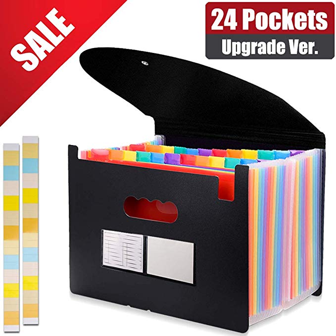 24 Pockets Expanding File Folder with Cover Accordian File Organizer Portable A4 Letter Size File Box,High Capacity Plastic Colored Paper Document Organizer Filing Folder Organizer