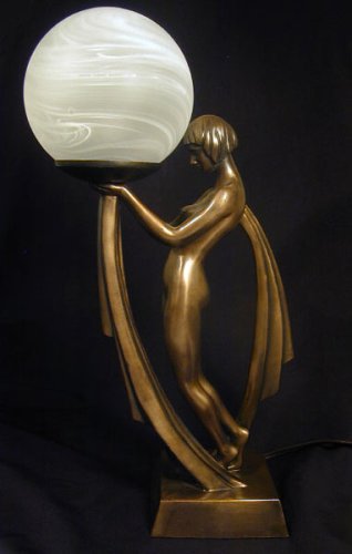 Art Deco Nude Lady Statue Table Lamp Real Bronze Powder Cast Sculpture 16-inch
