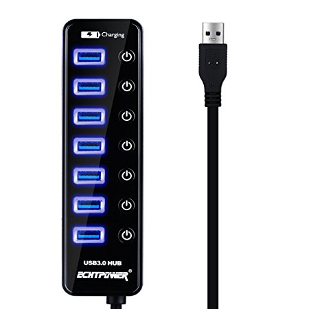 ECHTPower USB 3.0 HUB 8 Port USB HUB,7 Data Transfer Port and a 2.4A Charging Port with Separated Switches and LEDs,Support Hot Swapping for Computers PC