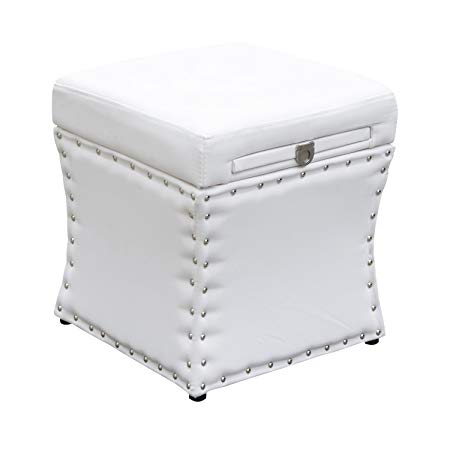 HomCom 17” Cube Faux Leather Storage Ottoman Footrest With Decorative Pull Out Tray - White