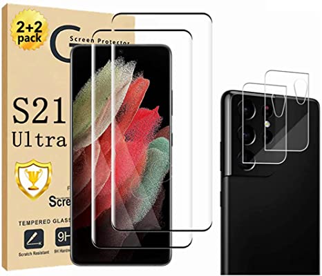 Galaxy S21 Ultra Screen Protector 【2 2 Pack】With Camera Lens Protector [ 3D Glass ] Compatible Fingerprint Easy installation 9H Tempered Glass Screen Protector for Samsung Galaxy S21 Ultra 5G