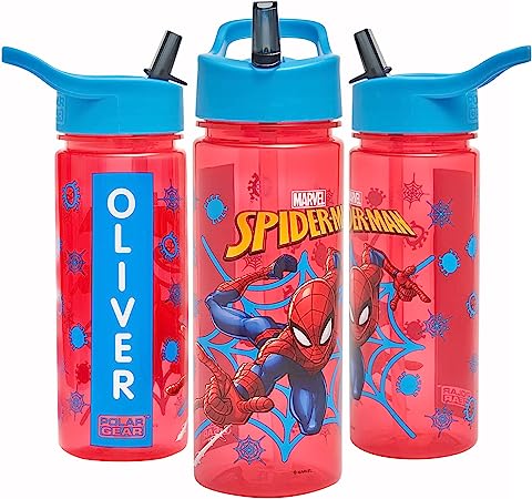 Marvel Spider-Man Personalised Sticker Water Bottle with Straw 500ml – Official Merchandise by Polar Gear Kids Reusable Non Spill BPA Free Tritan – Ideal For School Nursery Sports Picnic , Red & Blue