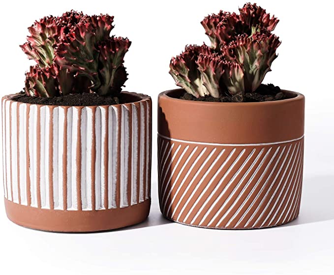 POTEY Cement Planter Flower Pot - 4.8 Inches Bonsai Containers Unglazed Medium for Indoor Plant with Drain Hole - Terracotta, Set of 2