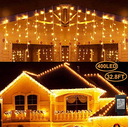 Hezbjiti 8 Modes LED Icicle Lights, 32.8 FT 400 LED 75 Drops Fairy String Lights Plug in Extendable Curtain Light String Christmas Lights for Bedroom Patio Yard Garden Wedding Party (Warm White)