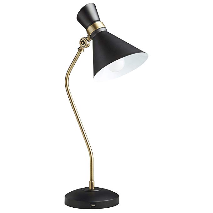 Rivet Mid-Century Modern Curved Task Desk Table Lamp With USB Port And Light Bulb - 26 Inches, Matte Black & Brushed Steel