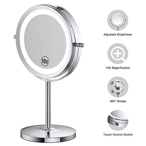 Benbilry Touch Control Double Sided Lighted Makeup Mirror – 7 Inch LED Vanity Mirror with 1x/10x Magnification, Battery Operated; Polished Chrome Finish (10x Dimmable Mirror)